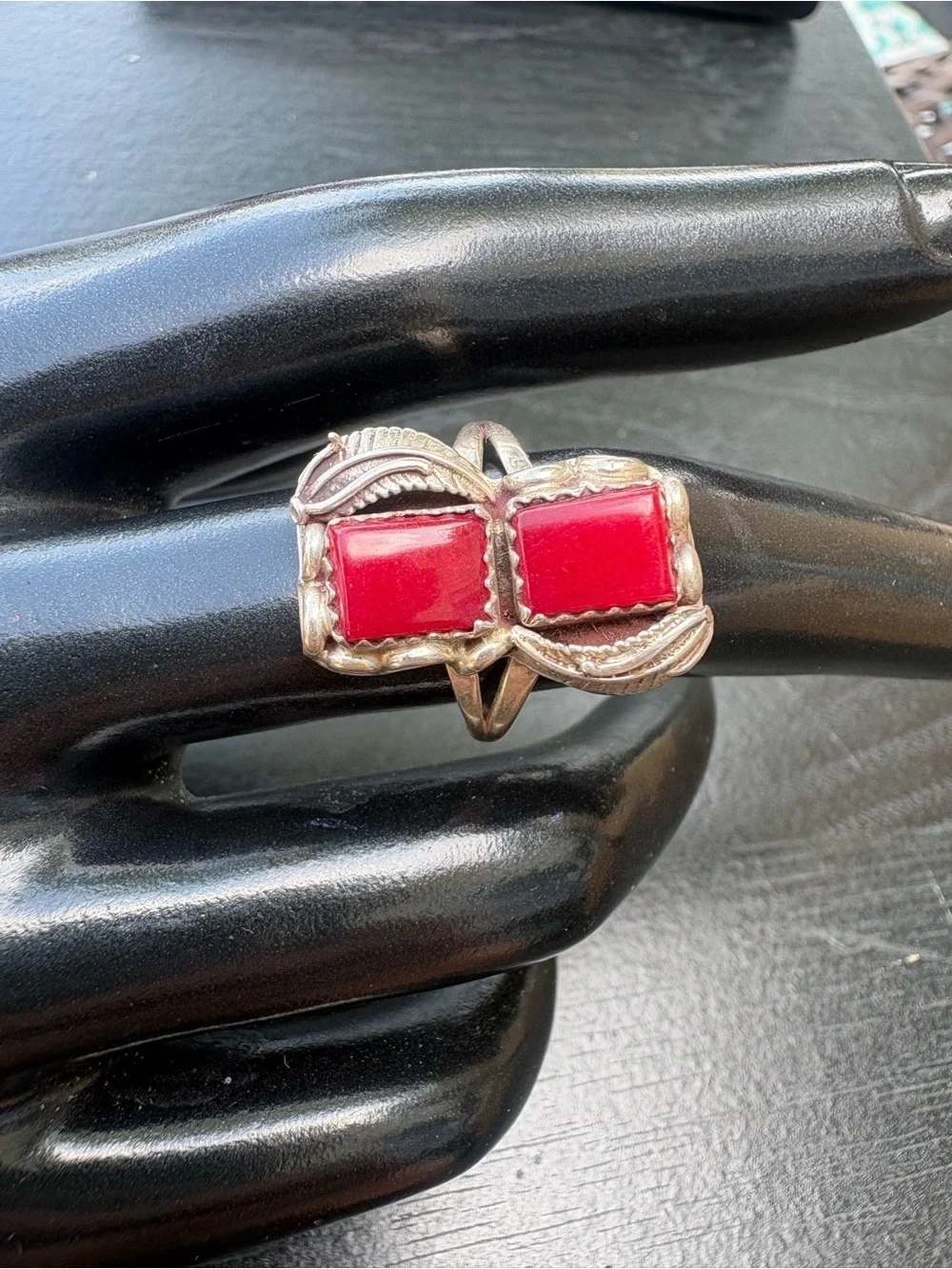 Southwest Style Ring with Red Stones and Feather Accents - Size 7.25